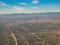 Aerial view of Los Angeles downtown, view from window seat in an airplane Royalty Free Stock Photo