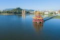 Aerial view Lotus Pond`s Dragon and Tiger Pagodas at morning . kaohsiung city. Taiwan Royalty Free Stock Photo