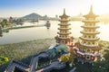 Aerial view Lotus Pond`s Dragon and Tiger Pagodas at morning . kaohsiung city. Taiwan