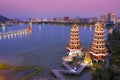 Aerial view Lotus Pond`s Dragon and Tiger Pagodas at night. kaohsiung city. Royalty Free Stock Photo