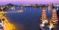 Aerial view Lotus Pond`s Dragon and Tiger Pagodas at night. kaohsiung city. Royalty Free Stock Photo