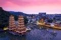 Aerial view Lotus Pond`s Dragon and Tiger Pagodas at night. kaohsiung city.