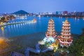 Aerial view Lotus Pond`s Dragon and Tiger Pagodas at night. kaohsiung city. Taiwan Royalty Free Stock Photo