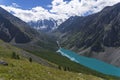 Aerial view of the Lower Shavlinskoe Lake. August. At the end of the valley of the river Shavla, you can see three peaks of the