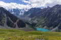 Aerial view of the Lower Shavlinskoe Lake. August. At the end of the valley of the river Shavla, you can see three peaks of the