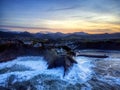 Aerial view with drone of Luarca in Asturias at sunset. Spain