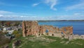 Aerial View of the Ludza Medieval Castle Ruins on a Hill Between Big Ludza Lake and Small Ludza Lake.
