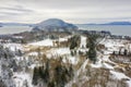 Aerial View of Lummi Island, Washington After a Winter Snowstorm. Royalty Free Stock Photo