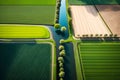 Aerial view of lush green agricultural fields and farm landscapes captured by a drone, Generative Ai