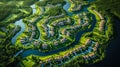 Aerial view of a lush, green planned residential community with winding roads, housing estates, sports fields, and water