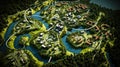 Aerial view of a lush, green planned residential community with winding roads, housing estates, sports fields, and water