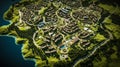 Aerial view of a lush, green planned residential community with winding roads, housing estates, sports fields, and water