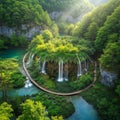 Aerial View of Lush Green Waterfall and Wooden Path Royalty Free Stock Photo