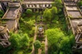 aerial view of lush monastery garden and courtyard