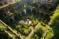 aerial view of lush monastery garden and courtyard