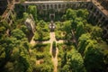 aerial view of lush monastery garden and courtyard