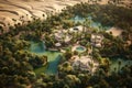 aerial view of a lush oasis surrounded by sand dunes