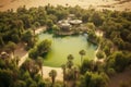 aerial view of a lush oasis surrounded by sand dunes