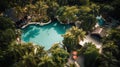 Aerial view of a luxurious modern oasis in a tropical jungle