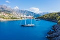 Aerial view of Luxury Sail Yacht in Assos village, Kefalonia Island, Greece Royalty Free Stock Photo