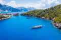 Aerial view of Luxury Sail Yacht in Assos village, Kefalonia Island, Greece Royalty Free Stock Photo