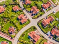 Aerial view of luxury upscale residential neighborhood gated community street real estate with single family homes brick facade