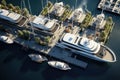 Aerial view of luxury yachts and boats in marina, Aerial view of the yacht club. Aerial top down view of docked sailboats. Top