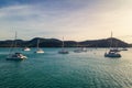 Aerial view of Luxury yachts sailing in tropical sea at sunset Royalty Free Stock Photo