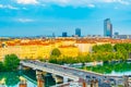 Aerial view of Lyon dominated by Part Dieu commercial center, France Royalty Free Stock Photo