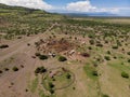 Aerial view of Maasai boma or family rural village on the coast of Salty lake Natron in the Great Rift Valley, Tanzania