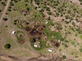 Aerial view of Maasai boma or family rural village on the coast of Salty lake Natron in the Great Rift Valley, Tanzania