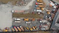 Aerial view of machinery and mine equipment parked in the work base