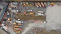 Aerial view of machinery and mine equipment parked in the work base