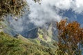 Aerial view of Machu Picchu Inca citadel in the clouds, located on a mountain ridge above the Sacred Valley Royalty Free Stock Photo