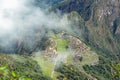 Aerial view of Machu Picchu Inca citadel ruins built in the classical Inca style, with polished dry-stone walls Royalty Free Stock Photo