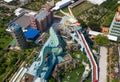 Aerial view of Madou Daitian Temple with multicolored dragon.