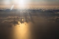 Aerial view of magic clouds during sunrise, shadow of clouds on the sea, sky view Royalty Free Stock Photo