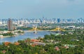 Aerial view of Maha Chesadabodindranusorn Bridge or Nonthaburi Bridge crossing Chao Phraya River and Bangkok skyline, Thailand. Royalty Free Stock Photo