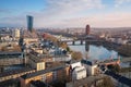 Aerial view of Main River Skyline with ECB Tower (European Central Bank) and Main Plaza Building - Frankfurt, Germany