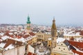 Aerial view about the main square of Sopron downtown with two iconic buildings, the Fire tower and the Goat Church.