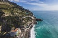 Aerial view of Maiori town with the Torre Normanna, a ruined tower along Amalfi coastline, Salerno, Italy