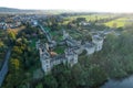 Aerial view of majestic Lismore Castle in County Waterford, Ireland, bathed in the golden glow of the setting sun Royalty Free Stock Photo