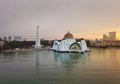 Aerial view of Majestic Malacca Straits Mosque during sunset