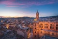 Aerial view of Malaga city and Cathedral at sunset - Malaga, Andalusia, Spain Royalty Free Stock Photo