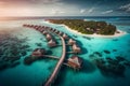 Aerial view of Maldives island, luxury water villas resort and wooden pier. Beautiful sky and ocean lagoon beach background. Royalty Free Stock Photo