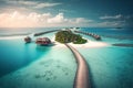 Aerial view of Maldives island, luxury water villas resort and wooden pier. Beautiful sky and ocean lagoon beach background. Royalty Free Stock Photo