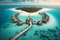 Aerial view of Maldives island, luxury water villas resort and wooden pier. Beautiful sky and ocean lagoon beach background. Royalty Free Stock Photo