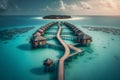 Aerial view of Maldives island, luxury water villas resort and wooden pier. Beautiful sky and ocean lagoon beach background. Royalty Free Stock Photo