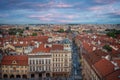 Aerial view of Malostranske Namesti Square at sunset with Lesser Town Bridge Tower - Prague, Czech Republic