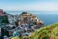 Aerial view of Manarola,Cinque Terre,Italy.UNESCO Heritage Site.Picturesque colorful village on rock above sea.Summer holiday, Royalty Free Stock Photo